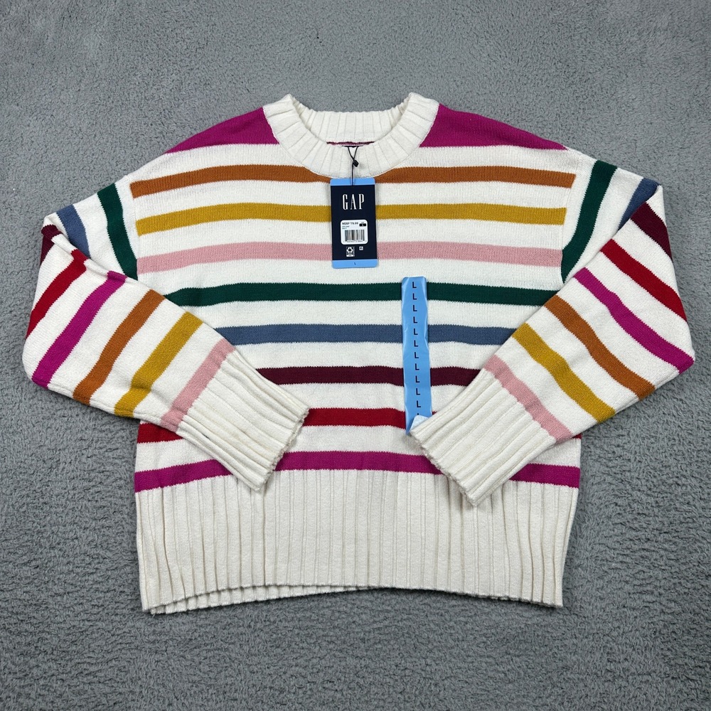 GAP‎ Crewneck Sweater Womens Large Cream Rainbow Multi-Stripe Ribbed Knit NEW